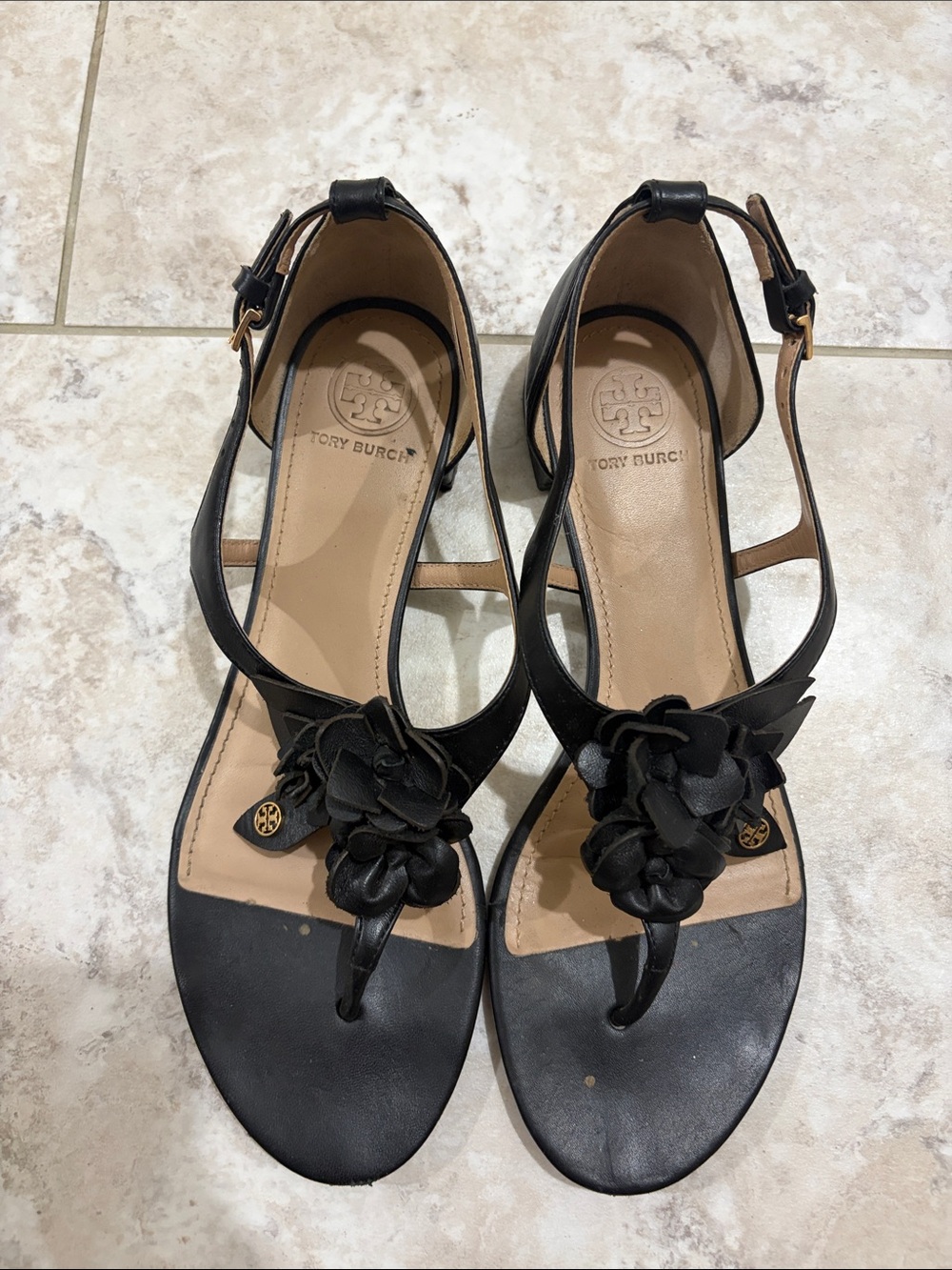 Tory Burch Black Leather Floral T-Strap Sandals with Gold Logo
